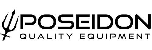 Logo of Poseidon Equipment with a black trident symbol on a white background