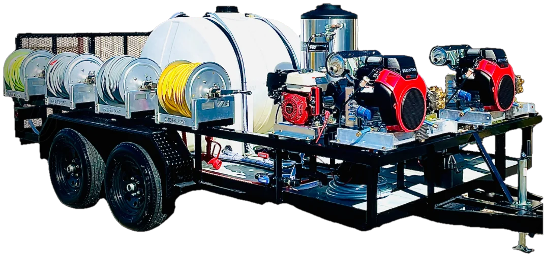 A Poseidon dual pressure wash rig on a tandem trailer